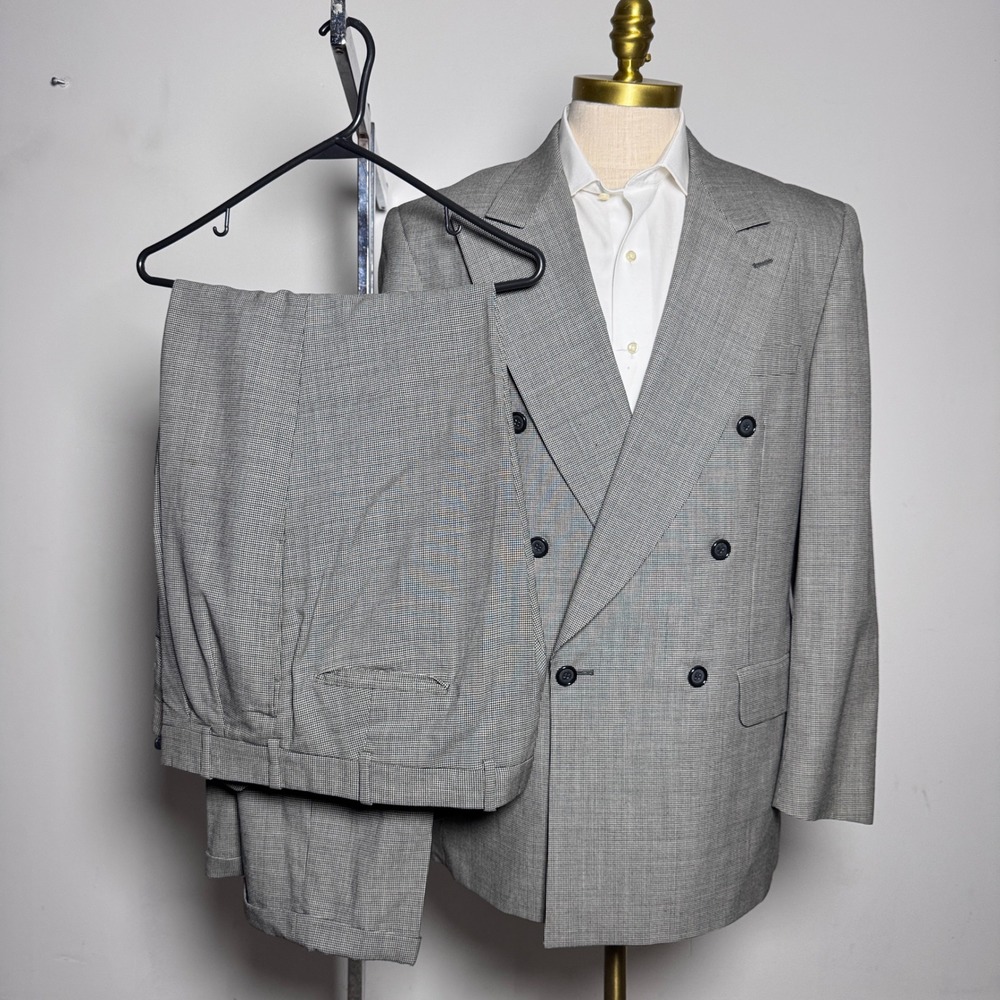 Corragio‎ Suit Mens 41L 36x32 Grey Houndstooth Double Breasted Peak Lapel Wool